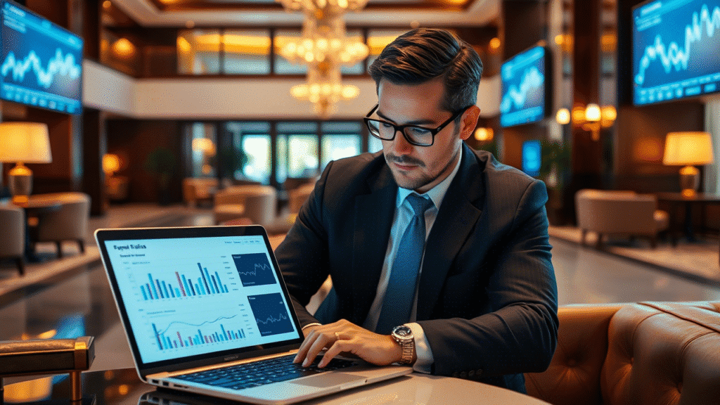 "Hotel general manager analyzing revenue dashboard on laptop with luxury hotel setting